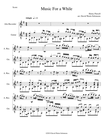 Music for a While for alto recorder and guitar (arr. David Warin Solomons)