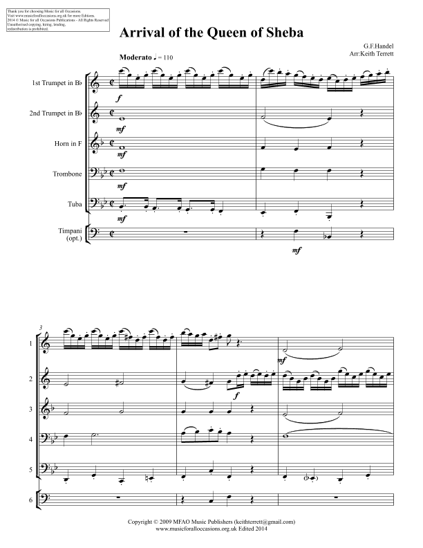 The Arrival of the Queen of Sheba for Pro Brass Quintet (arr. Keith Terrett)