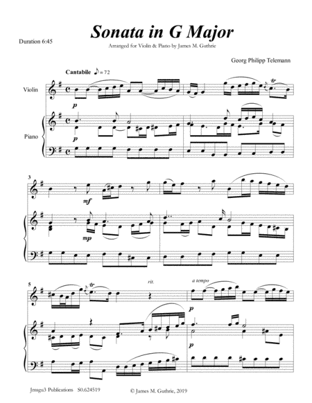 Telemann: Sonata in G Major for Violin & Piano (arr. James M. Guthrie, ASCAP)