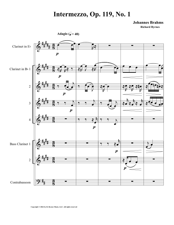 Intermezzo, Op. 119, No. 1 (Clarinet Septet + Contrabassoon) (arr. Richard Byrnes)