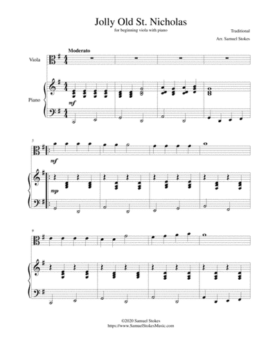 Jolly Old St. Nicholas - for beginning viola with optional piano accompaniment (arr. Samuel Stokes)