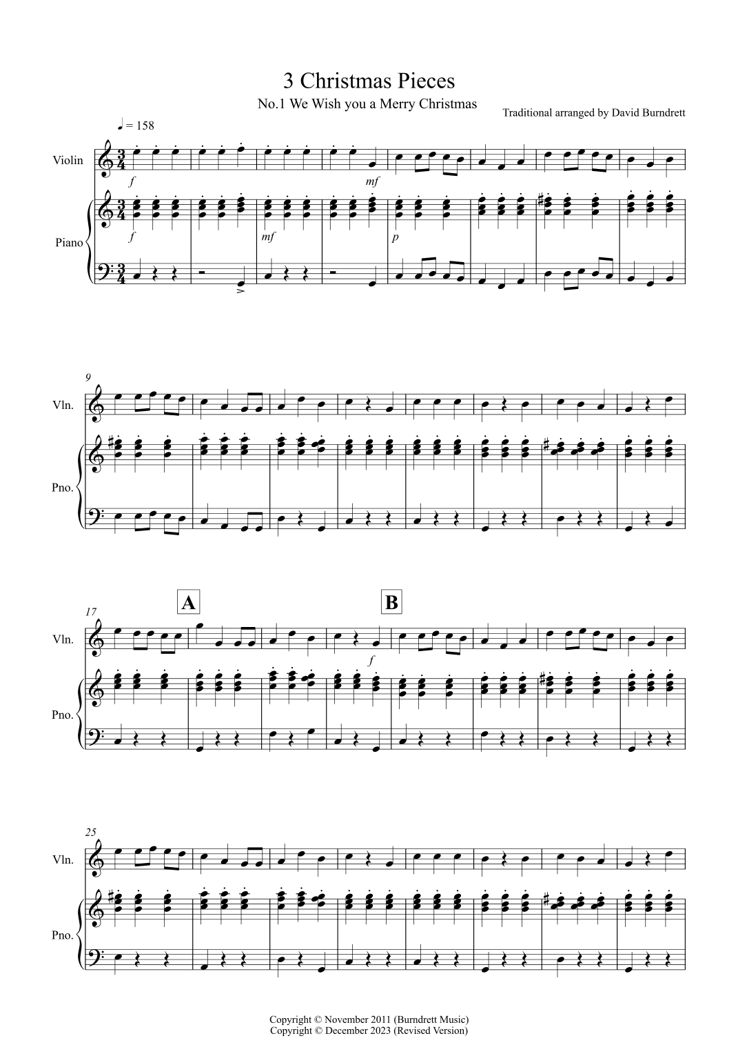3 Easy Christmas Pieces for Violin and Piano (arr. David Burndrett)