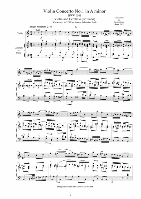 Bach - Violin Concerto No.1 in A minor BWV 1041  for Violin and Cembalo (or Piano) (arr. Santino Cara)