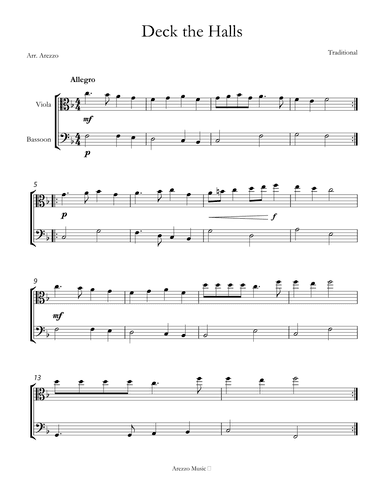 deck the halls for Viola and Bassoon sheet music (arr. Arezzo Music)
