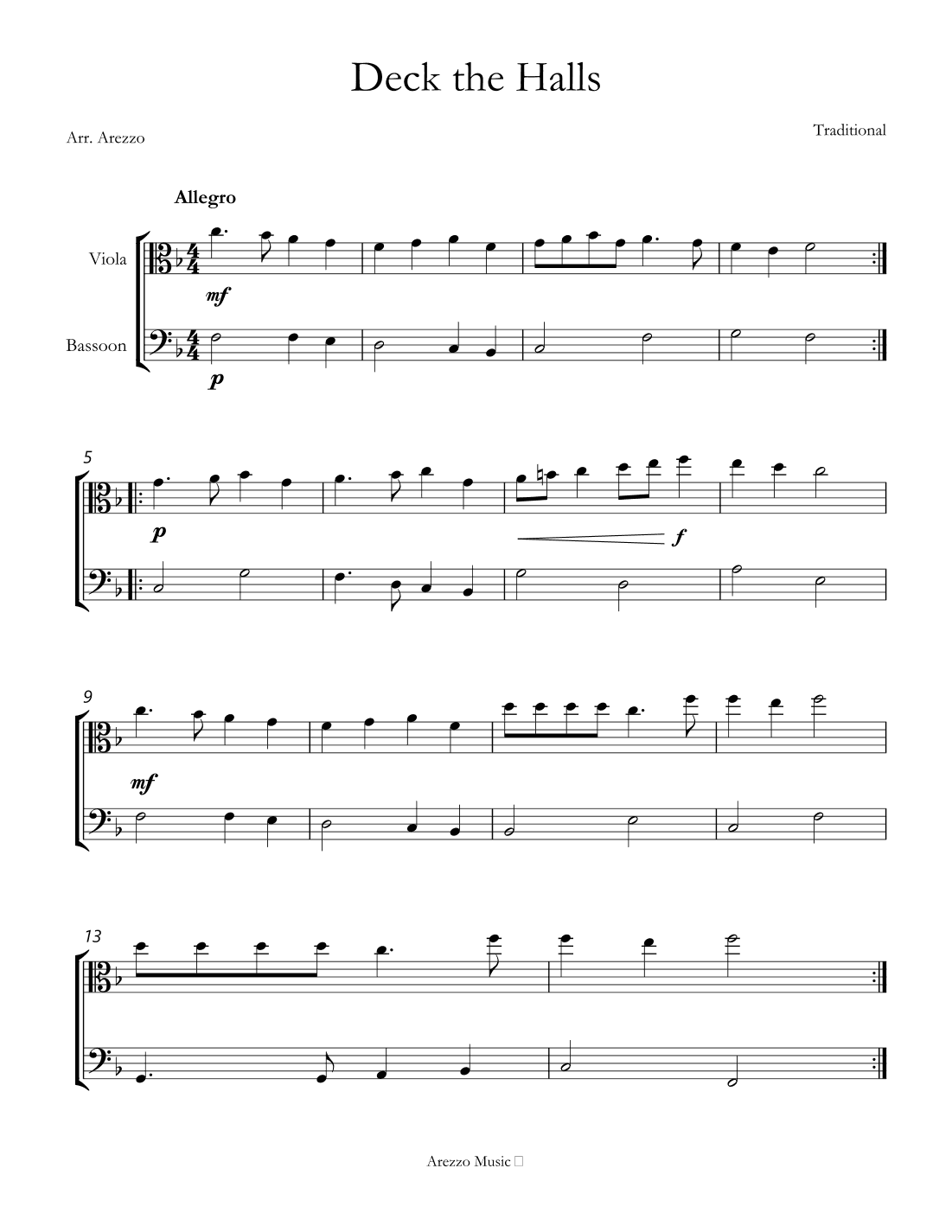 deck the halls for Viola and Bassoon sheet music (arr. Arezzo Music)