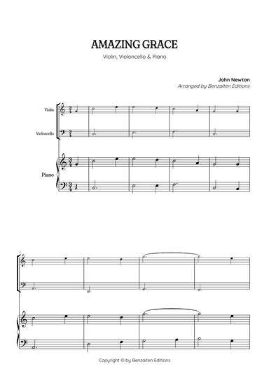 Amazing Grace • super easy violin and violoncello sheet music with piano accompaniment (arr. Benzaiten Editions)