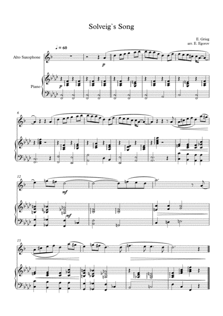 Solveig`s Song, Edvard Grieg, For Alto Saxophone & Piano (arr. Eugene Egorov)