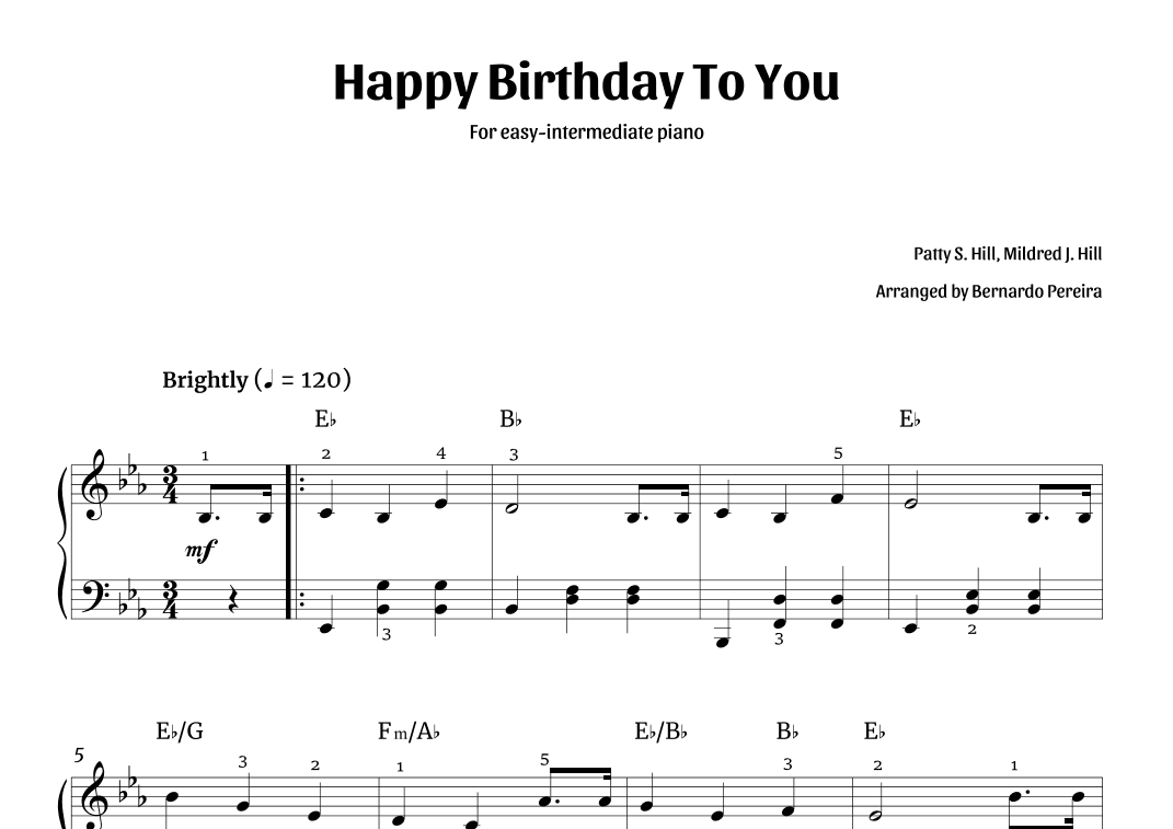 Happy Birthday To You (easy-intermediate piano – Eb major) (arr. Bernardo Pereira)