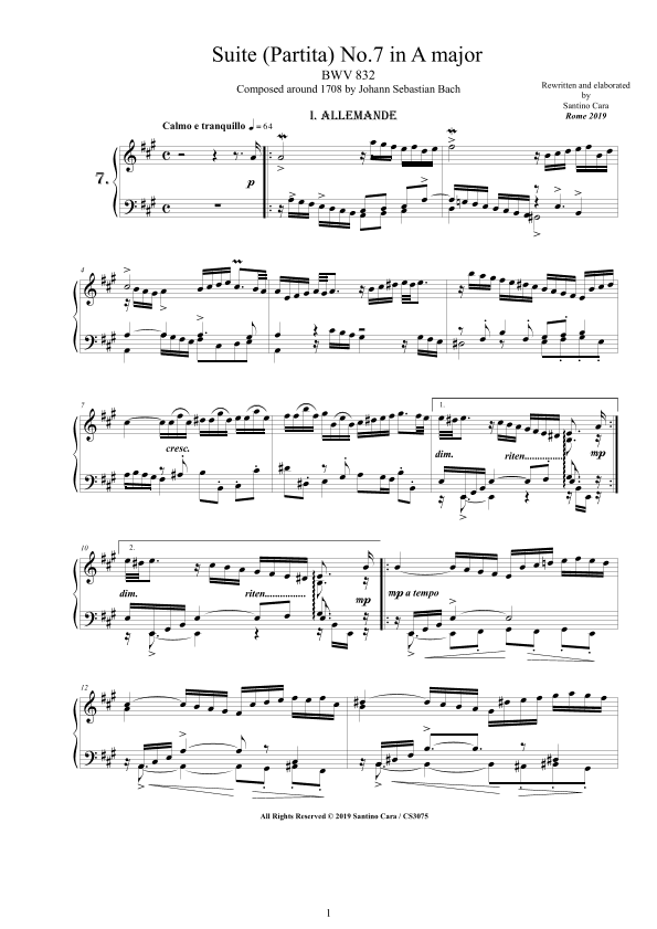 Bach - Piano Suite No.7 (Partita) in A major BWV 832 for Piano (arr. Santino Cara)