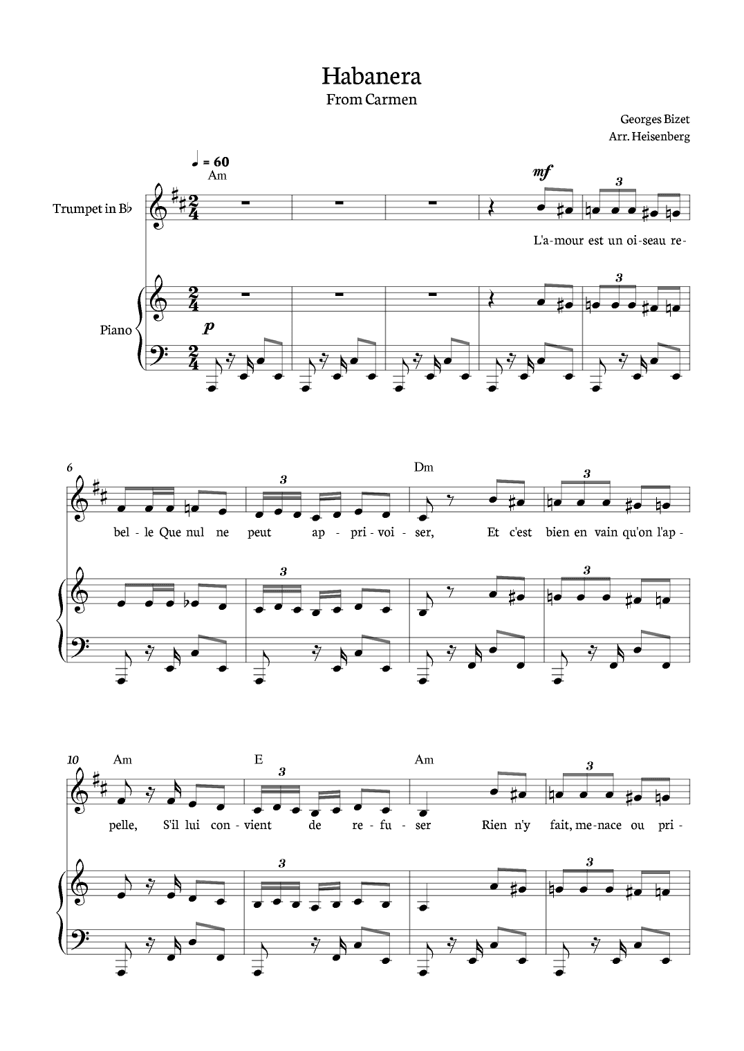 Habanera from Carmen for Trumpet with piano and chords. (arr. Heisenberg)