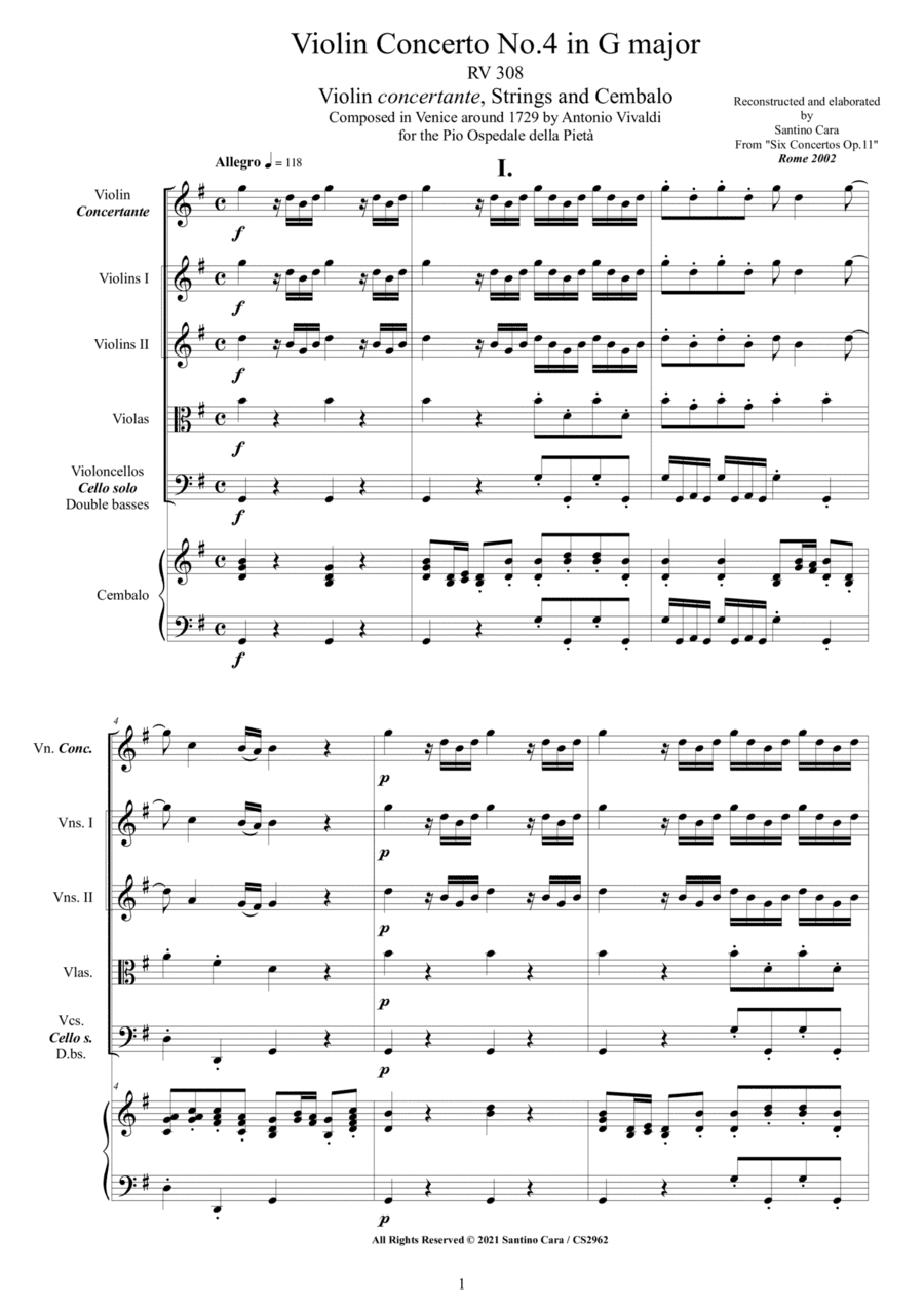 Vivaldi - Violin Concerto No.4 in G major RV 308 Op.11 for Violin, Strings and Cembalo (arr. Santino Cara)
