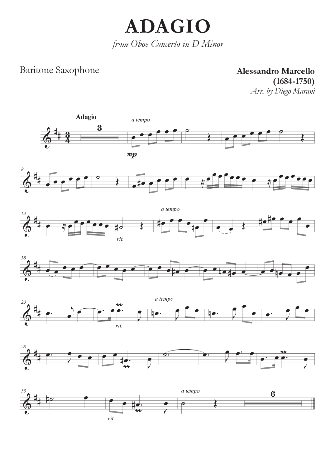 Marcello's Adagio for Baritone Saxophone and Piano (arr. Diego Marani)