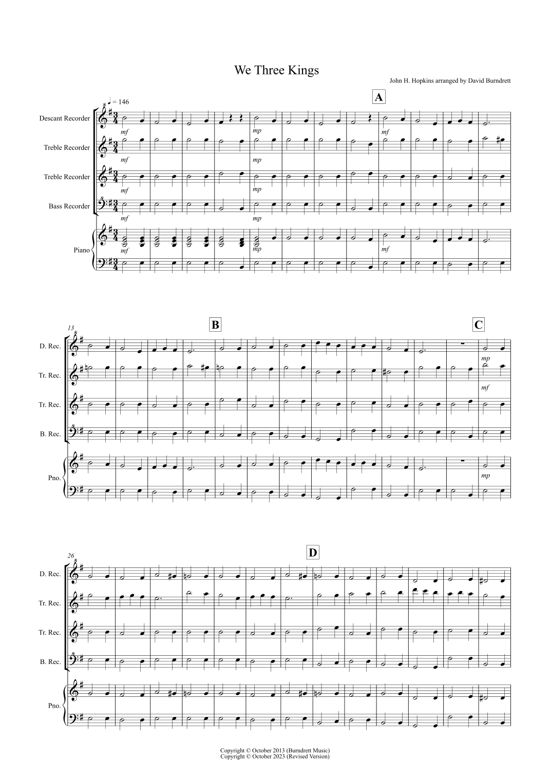 We Three Kings for Recorder Quartet (arr. David Burndrett)