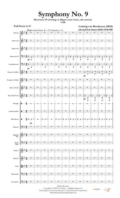 Symphony No. 9, Mvt. IV (alla marcia) (Beethoven's "Ode to Joy") [full score & set of parts] (arr. Patrick Sheehan)