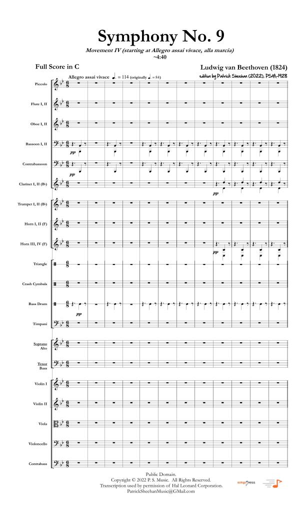 Symphony No. 9, Mvt. IV (alla marcia) (Beethoven's "Ode to Joy") [full score & set of parts] (arr. Patrick Sheehan)