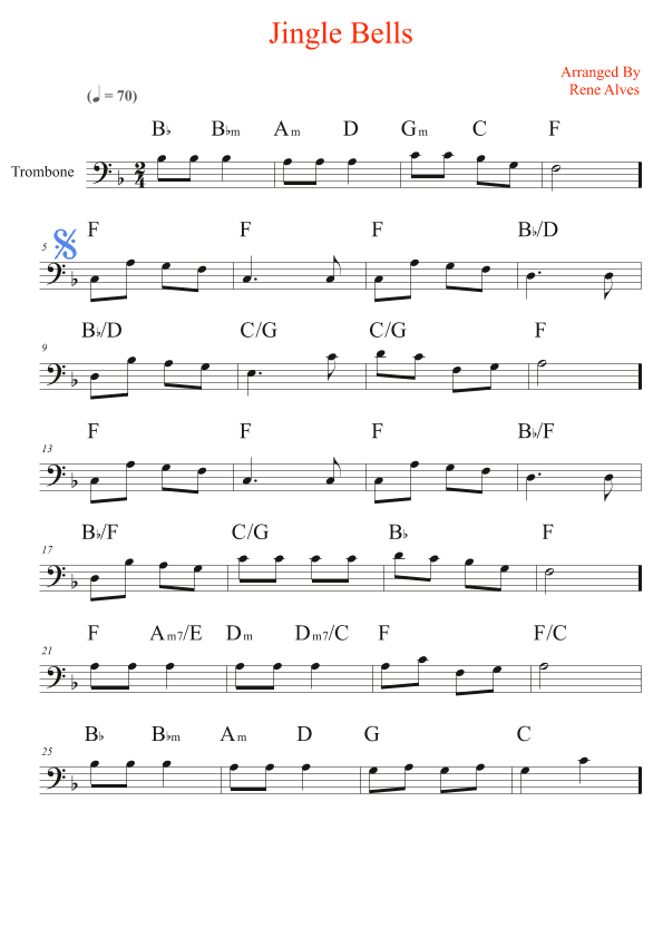 jingle bells, Christmas music of cipher and melody for trombone (arr. Rene Alves)