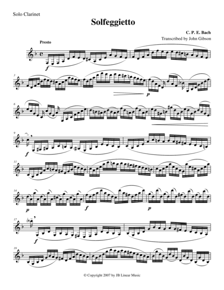 Solfeggietto by CPE Bach for solo (unaccompanied) Clarinet (arr. John Gibson)