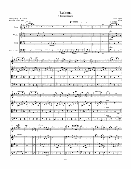 Bethena, A Concert Waltz Waltz (1905), by Scott Joplin, arranged for Flute & String Trio. (arr. J.W. Carter)