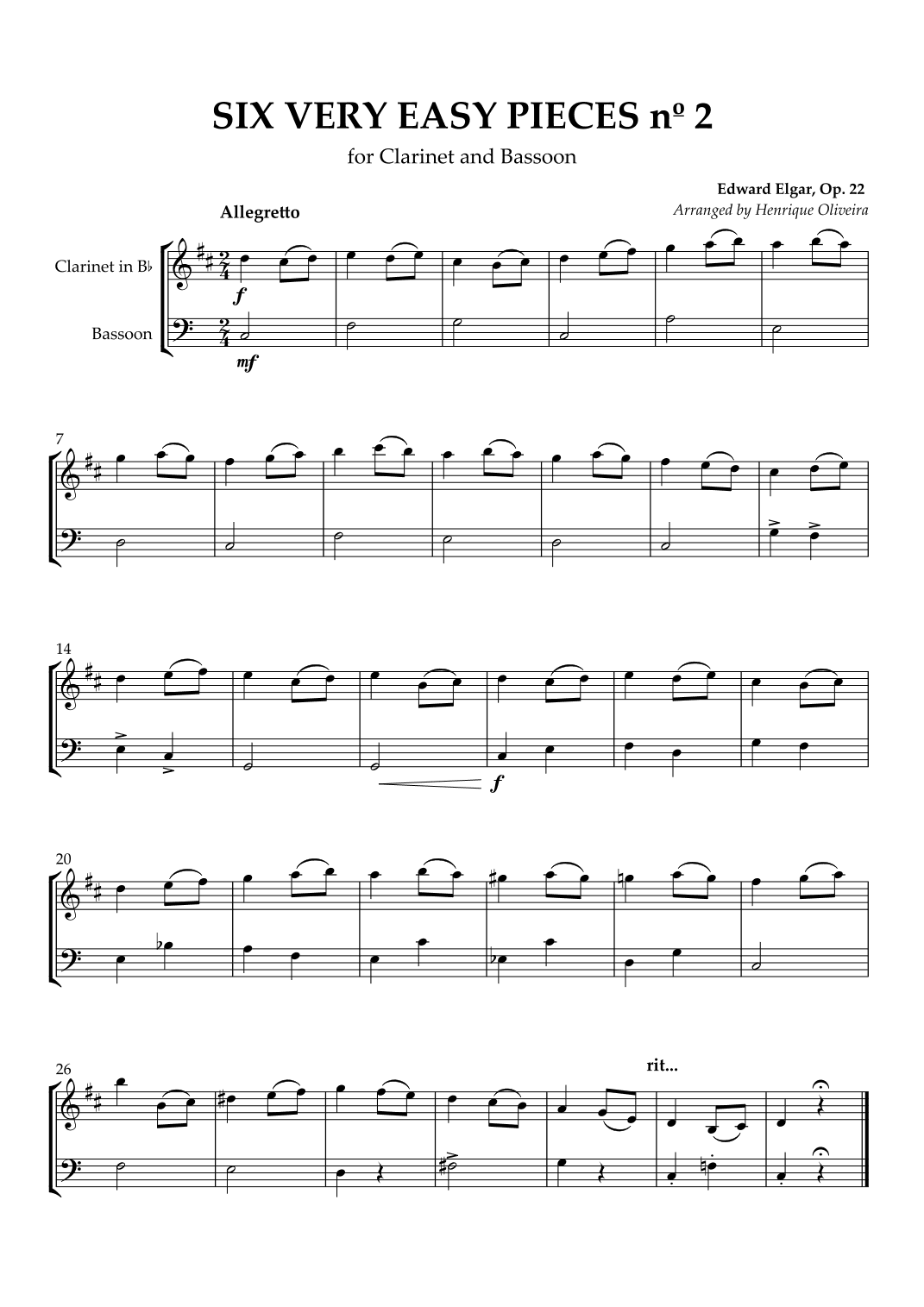 Six Very Easy Pieces nº 2 (Allegretto) - Clarinet and Bassoon (arr. Henrique Oliveira)