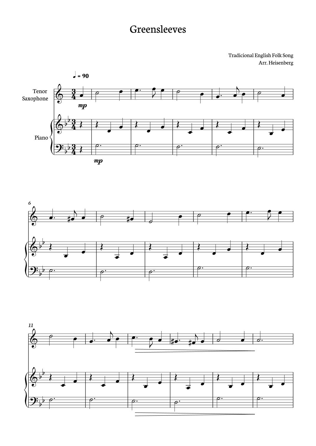 Greensleeves for Tenor sax with piano accompaniment (arr. Heisenberg)