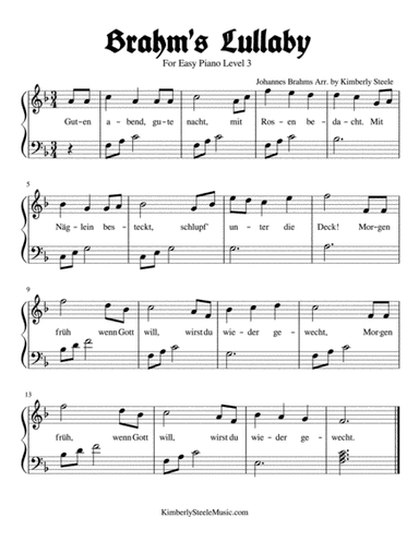 Best Recital: Brahm's Lullaby with German Lyrics for Easy Piano Level 3 (arr. Kimberly Steele)