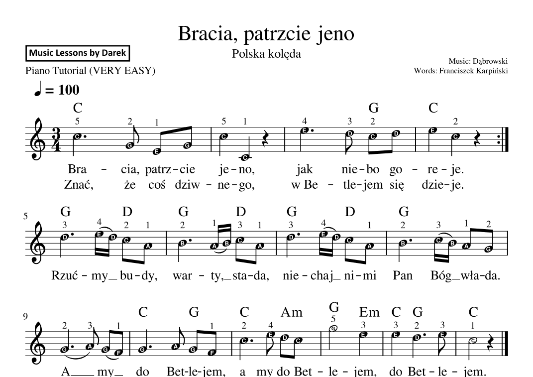 Bracia, patrzcie jeno (Polish Christmas Carol) [VERY EASY PIANO] (arr. Darek)