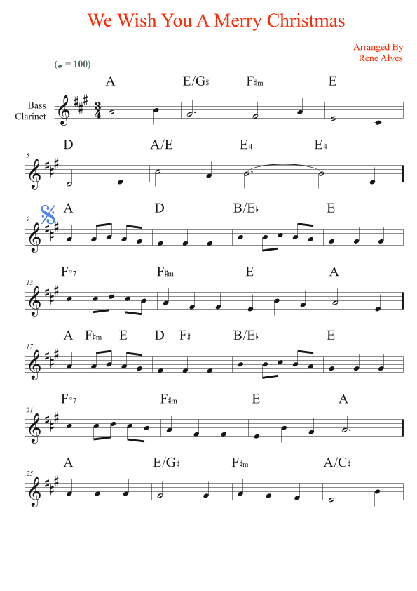 We Wish You A Merry Christmas, sheet music and bass clarinet melody for the beginning musician (easy (arr. Rene Alves)