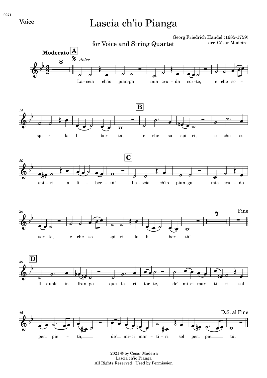 Lascia Ch'io Pianga - Voice and String Quartet - Bb Major (Individual Parts) (arr. César Madeira)