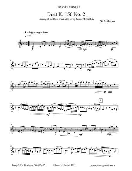 Mozart: Duet K. 156 No. 2 for Bass Clarinet Duo (arr. James M. Guthrie, ASCAP)