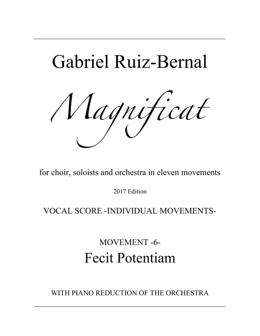 MAGNIFICAT. Mov. 6  "Fecit Potentiam".  Duet for Tenor and Baritone with piano (orchestra reduction)