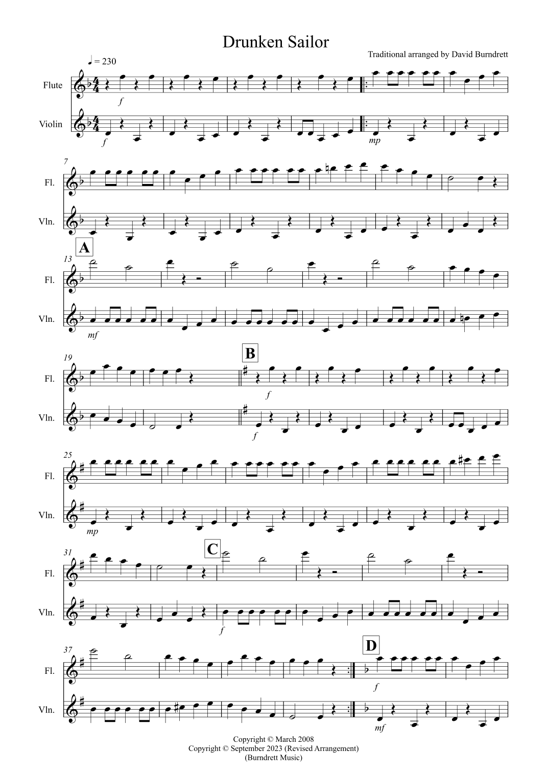 Drunken Sailor for Flute and Violin Duet (arr. David Burndrett)