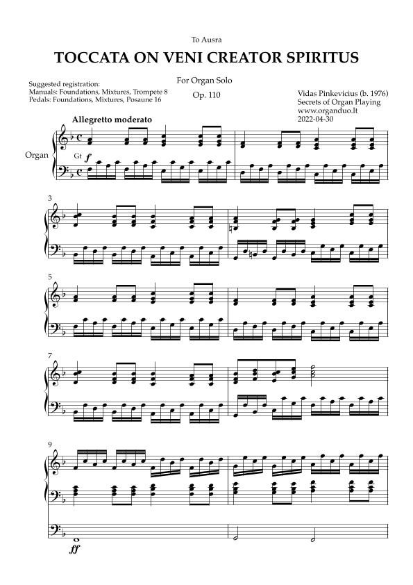 Toccata on Veni Creator Spiritus, Op. 110 (Organ Solo) by Vidas Pinkevicius (2022)