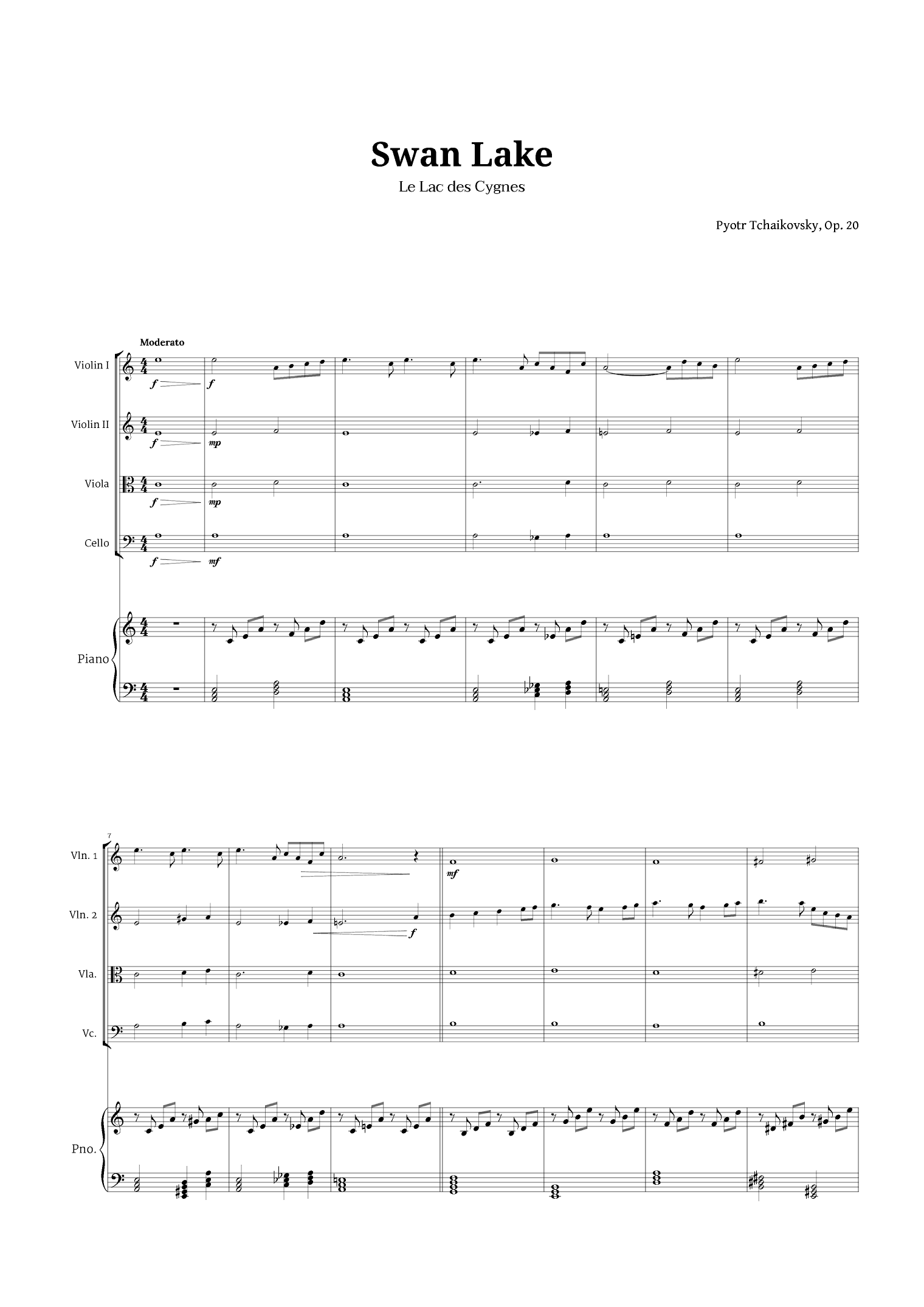 Swan Lake by Tchaikovsky for String Quartet and Piano (arr. Langanho)