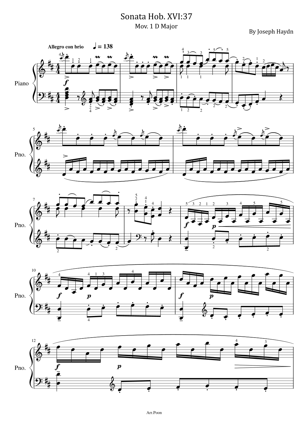 Haydn - Sonata in D major, Hob.XVI:37 Mov. 1 - Original For Piano Solo With Fingered (arr. poon)