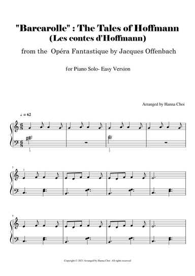 "Barcarolle" : The Tales of Hoffmann (Les contes d'Hoffmann) - for Piano Solo / Easy (arr. Hanna Choi)
