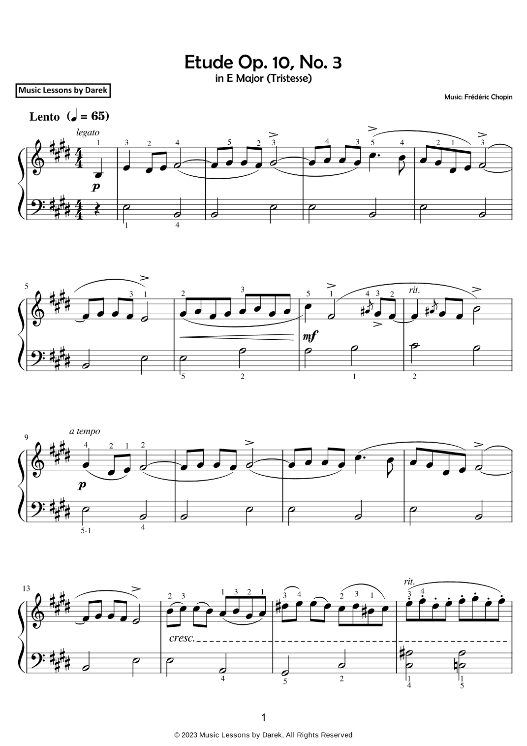Etude Op. 10, No. 3 (EASY PIANO) in E Major (Tristesse) [Frédéric Chopin] (arr. Darek)