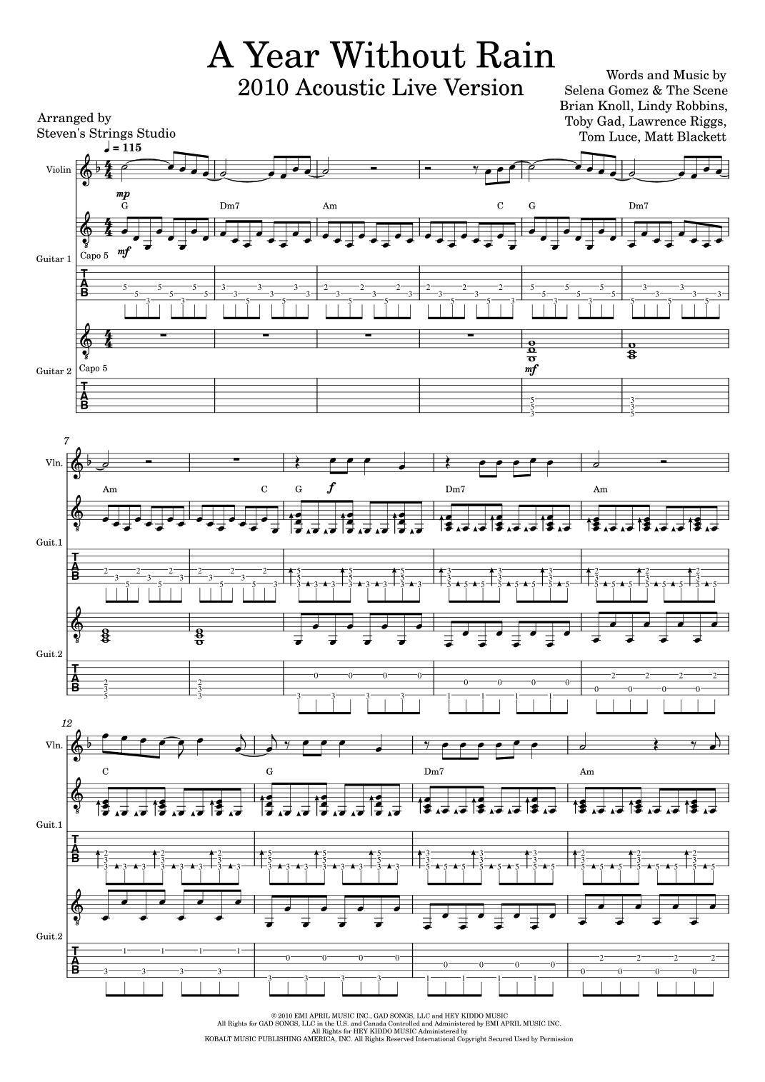 A Year Without Rain - Score Only (arr. Steven's Strings Studio)