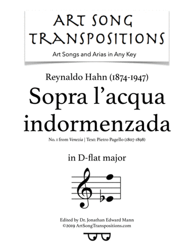 HAHN: Sopra l'acqua indormenzada (transposed to D-flat major) (arr. ArtSongTranspositions.com)