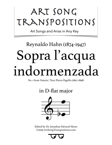 HAHN: Sopra l'acqua indormenzada (transposed to D-flat major) (arr. ArtSongTranspositions.com)