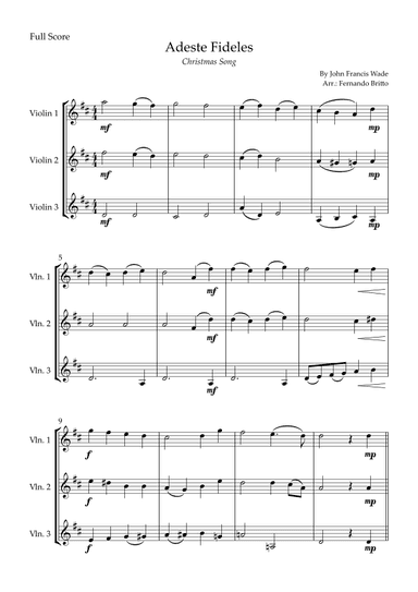 Adeste Fideles (Christmas Song) for Violin Trio (arr. Fernando Britto)