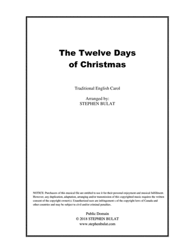 The Twelve Days of Christmas - Lead sheet (melody, lyrics & chords)  in key of G (arr. Stephen Bulat)