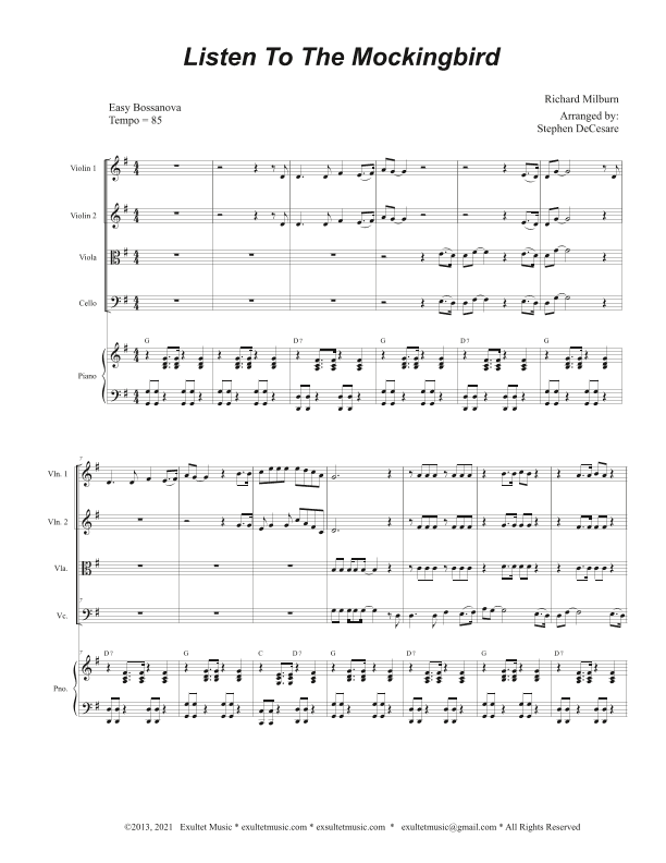 Listen To The Mockingbird (String Quartet and Piano) (arr. Stephen DeCesare)