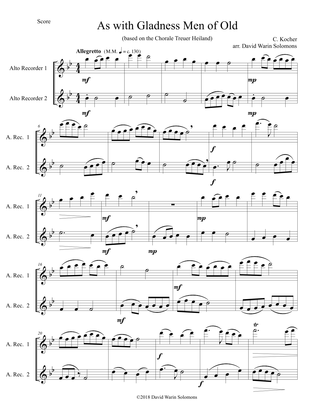 Variations on "As with gladness men of old" ("Treuer Heiland, wir sind da") for alto recorder duo (arr. David Warin Solomons)
