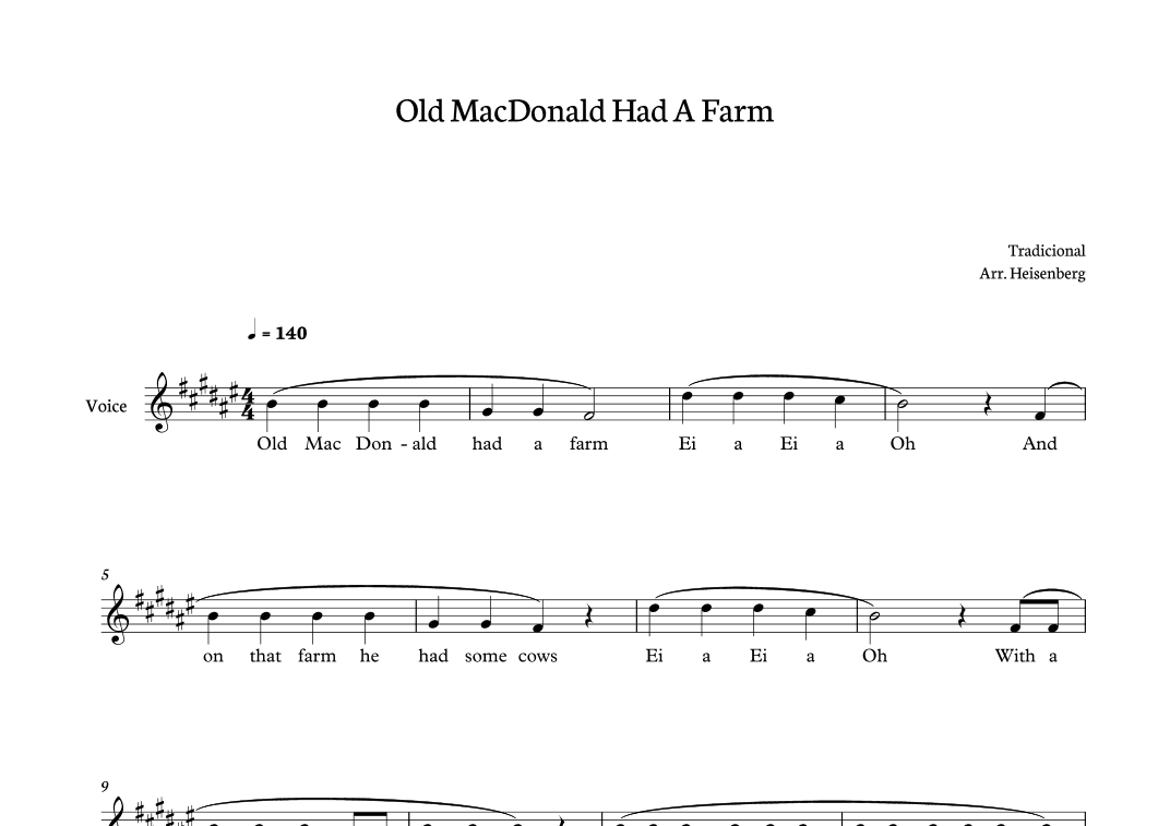 Old MacDonald Had a Farm for voice in F# major (arr. Heisenberg)