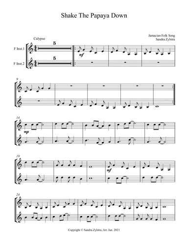 Shake The Papaya Down (F instrument duet, parts only) (arr. Sandra Zylstra)