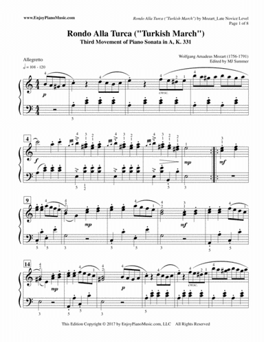 Rondo Alla Turca ("Turkish March") Piano Solo--Original Version Written in 4/4 Time Signature (arr. MJ Summer)