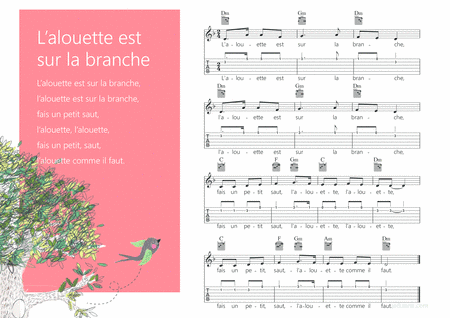 L’alouette est sur la branche Melody + Guitar chords + Guitar TAB'S (arr. iEduArts Publishers)
