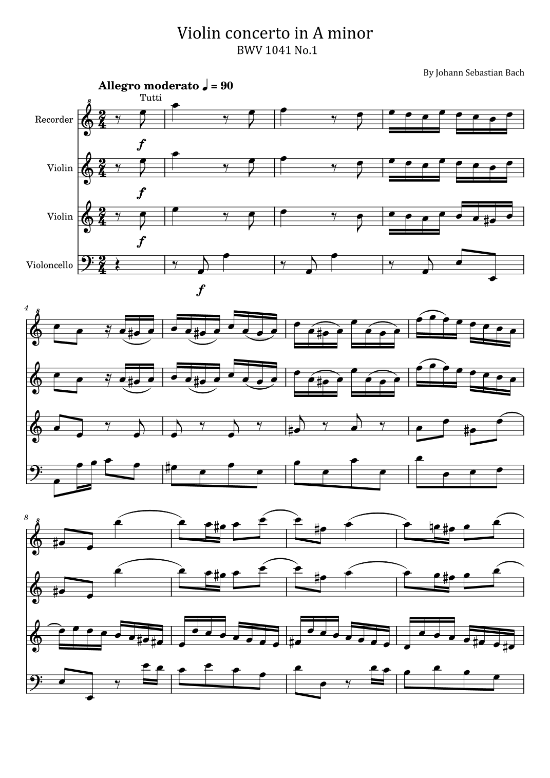 Bach - Violin Concerto in A minor - BWV 1041 - String Quartet - For four parts Complete (arr. poon)
