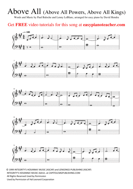 Above All (arr. David Hendra, easypianoteacher.com)