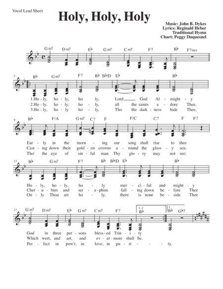Holy, Holy, Holy (Key of Bb-B) Vocal Lead Sheet (3-parts) (arr. Peggy Duquesnel)